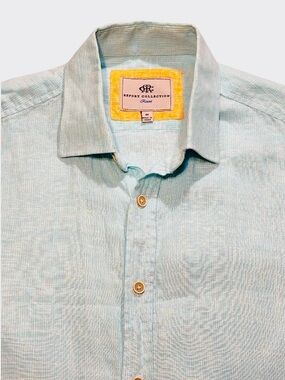 Report Collection Resort Light Blue Linen Button-Down Long Sleeve Shirt